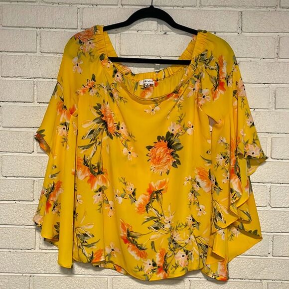 Rose + Olive- Yellow Floral Print Blouse- On or Off the Shoulders- Size Medium - Picture 1 of 9
